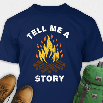 Navy bonfire tee with campfire graphic