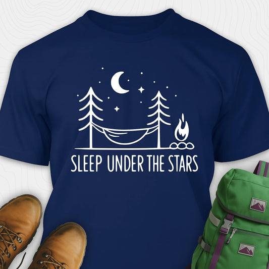 Navy night sky shirt with hammock moon stars and campfire design