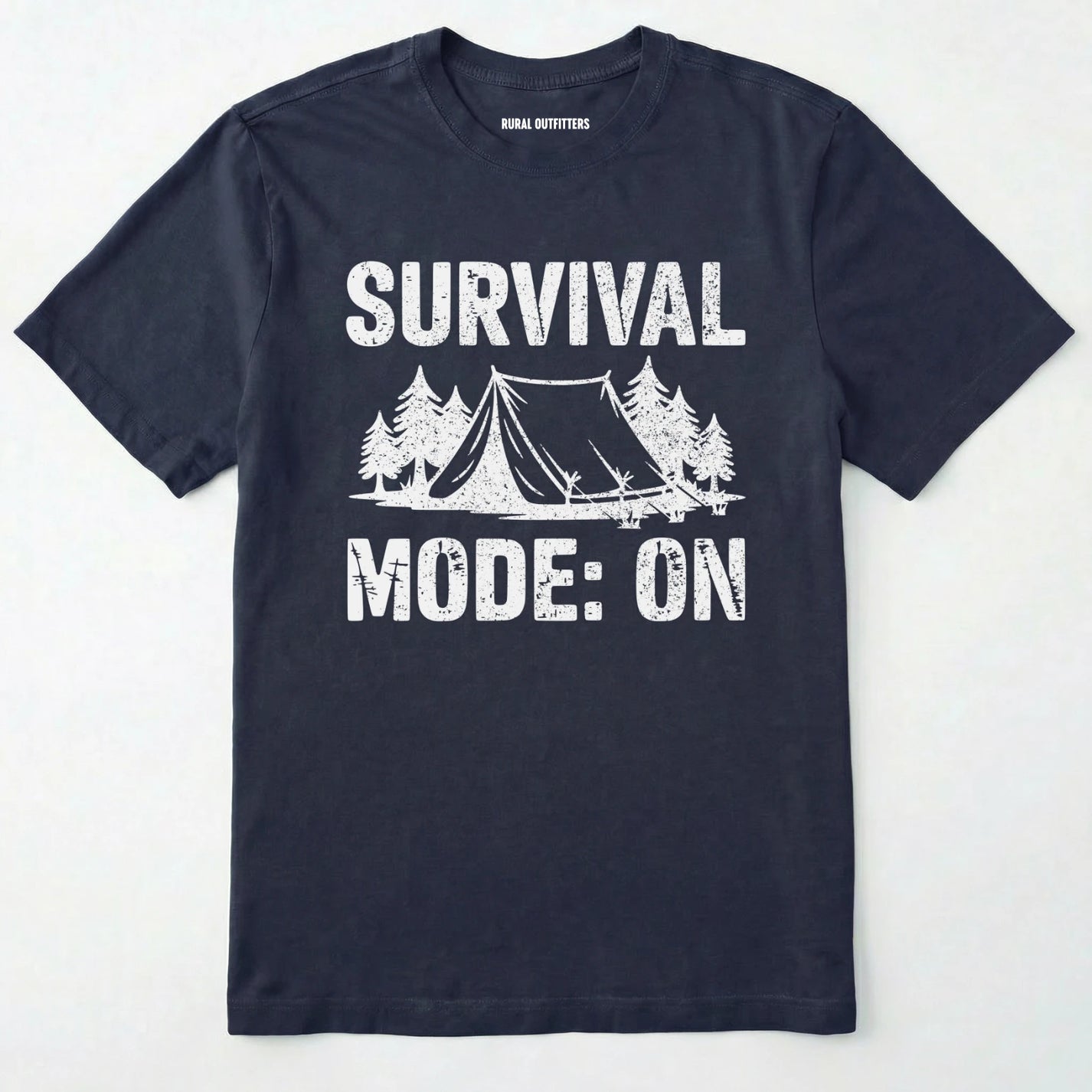 Navy bushcraft shirt with survival mode on text, featuring a tent and a pine tree design on a white background.