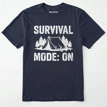 Navy bushcraft shirt with survival mode on text, featuring a tent and a pine tree design on a white background.