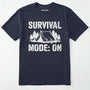 Navy bushcraft shirt with survival mode on text, featuring a tent and a pine tree design on a white background.