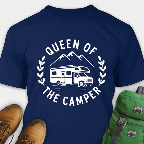 Navy queen of the camper shirt with rv graphic and mountain design