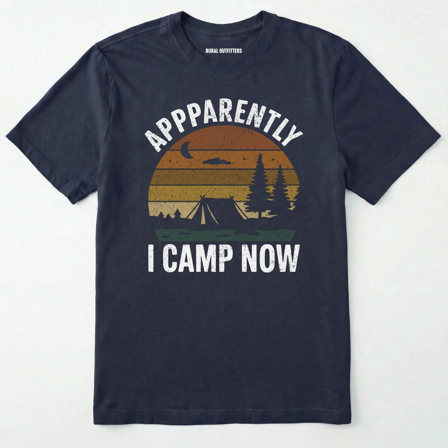Navy t-shirt with ⊜apparently i camp now⊝ in white text and a vintage sunset camping scene on a white background.