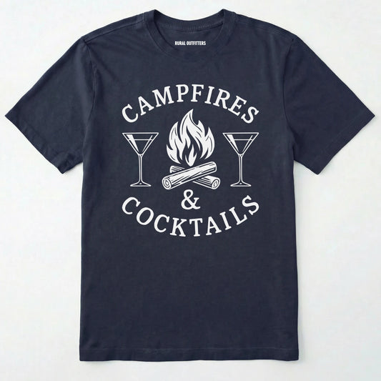 Navy campfires and cocktails shirt with martini glasses and campfire on a white background.
