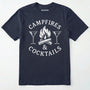 Navy campfires and cocktails shirt with martini glasses and campfire on a white background.