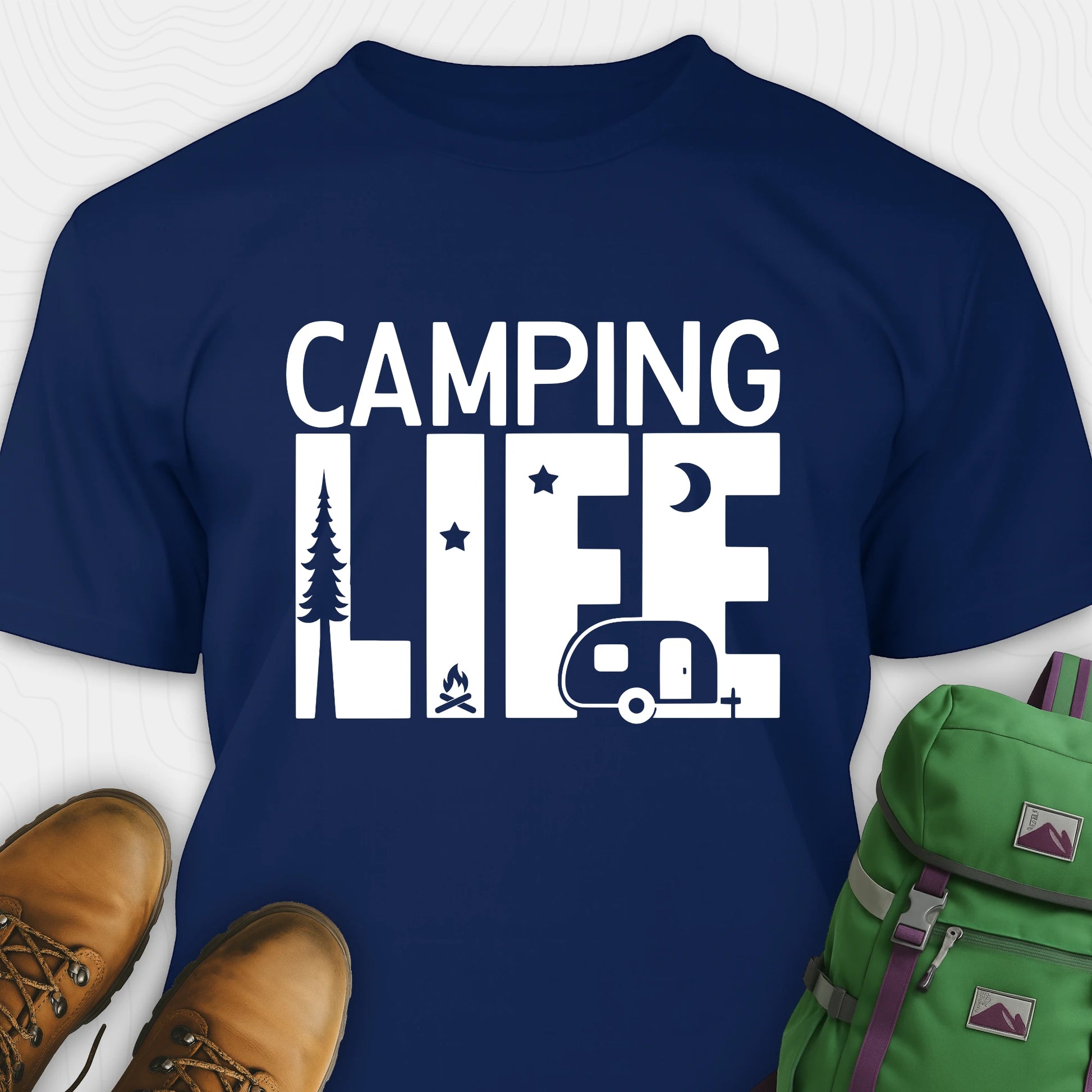 Navy camp life shirt featuring camper and pine tree design
