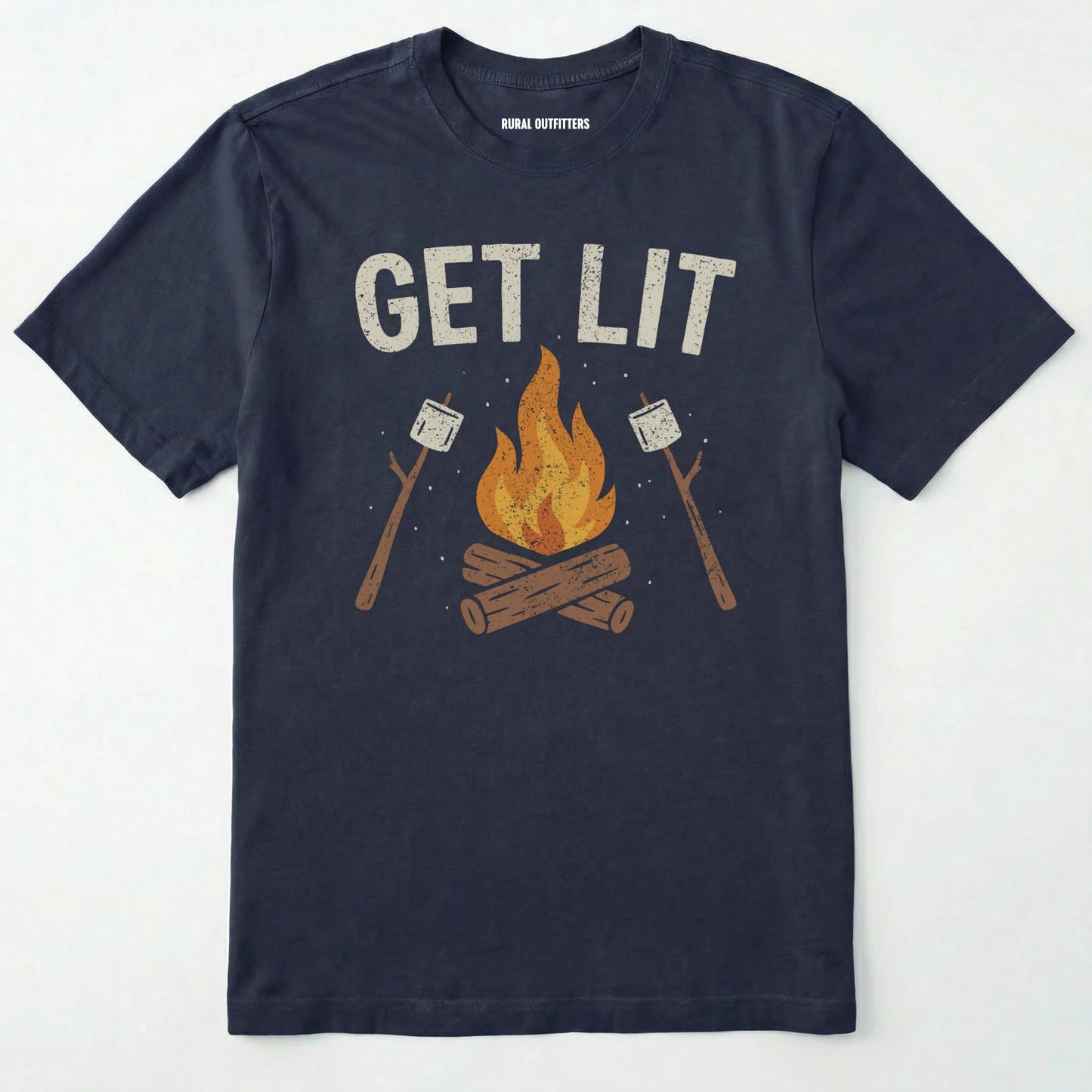 Navy let⊙s get lit shirt with campfire and marshmallows graphic on a white background.