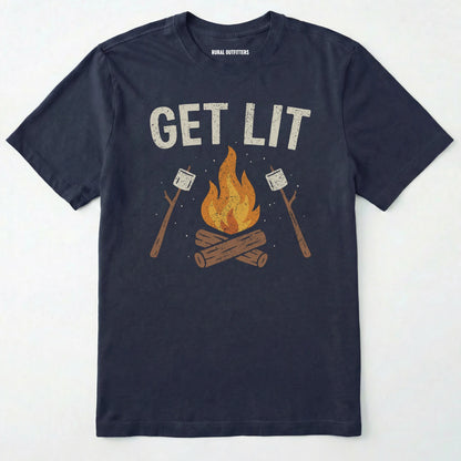 Navy let⊙s get lit shirt with campfire and marshmallows graphic on a white background.