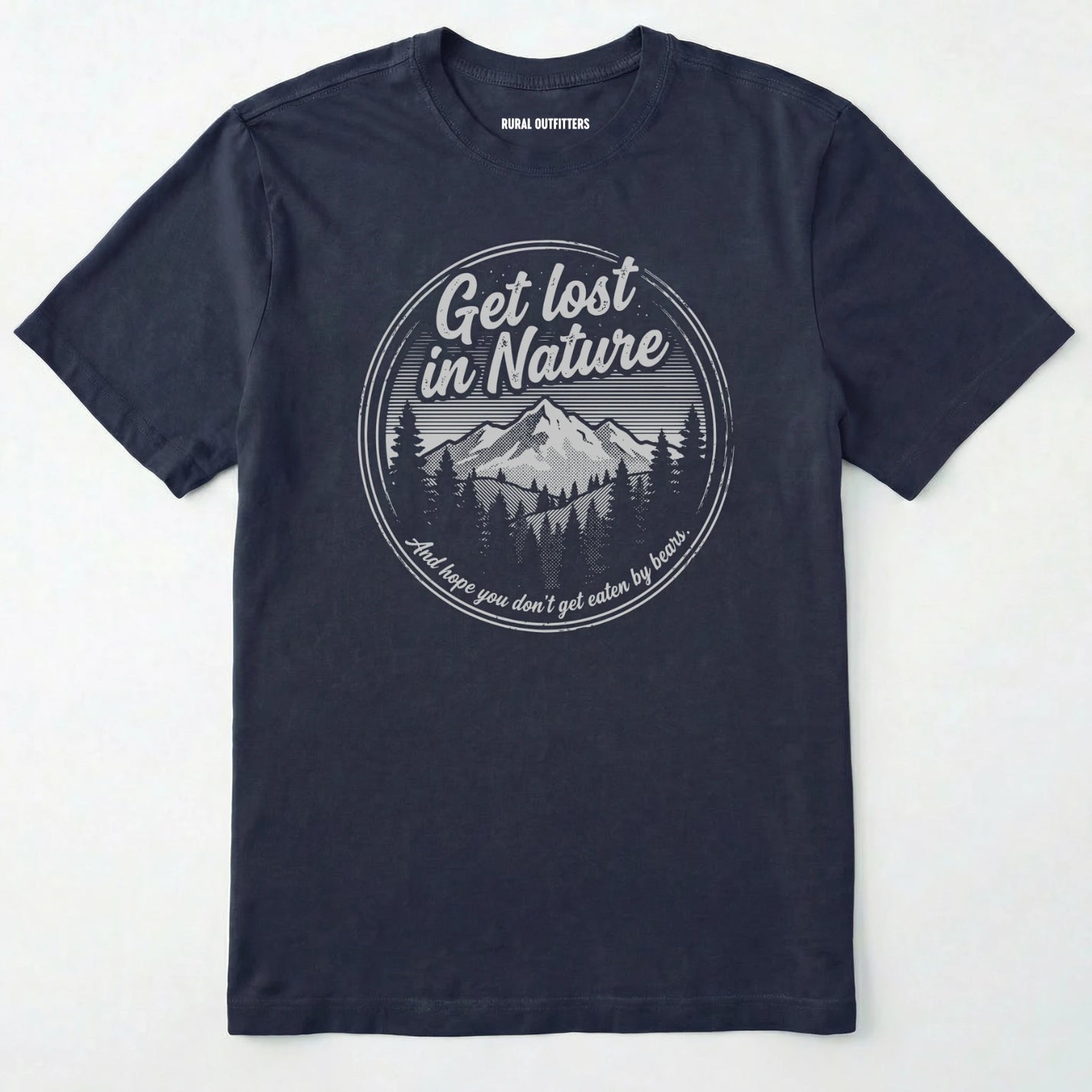 Navy t-shirt with nature-themed graphic and text on a white background