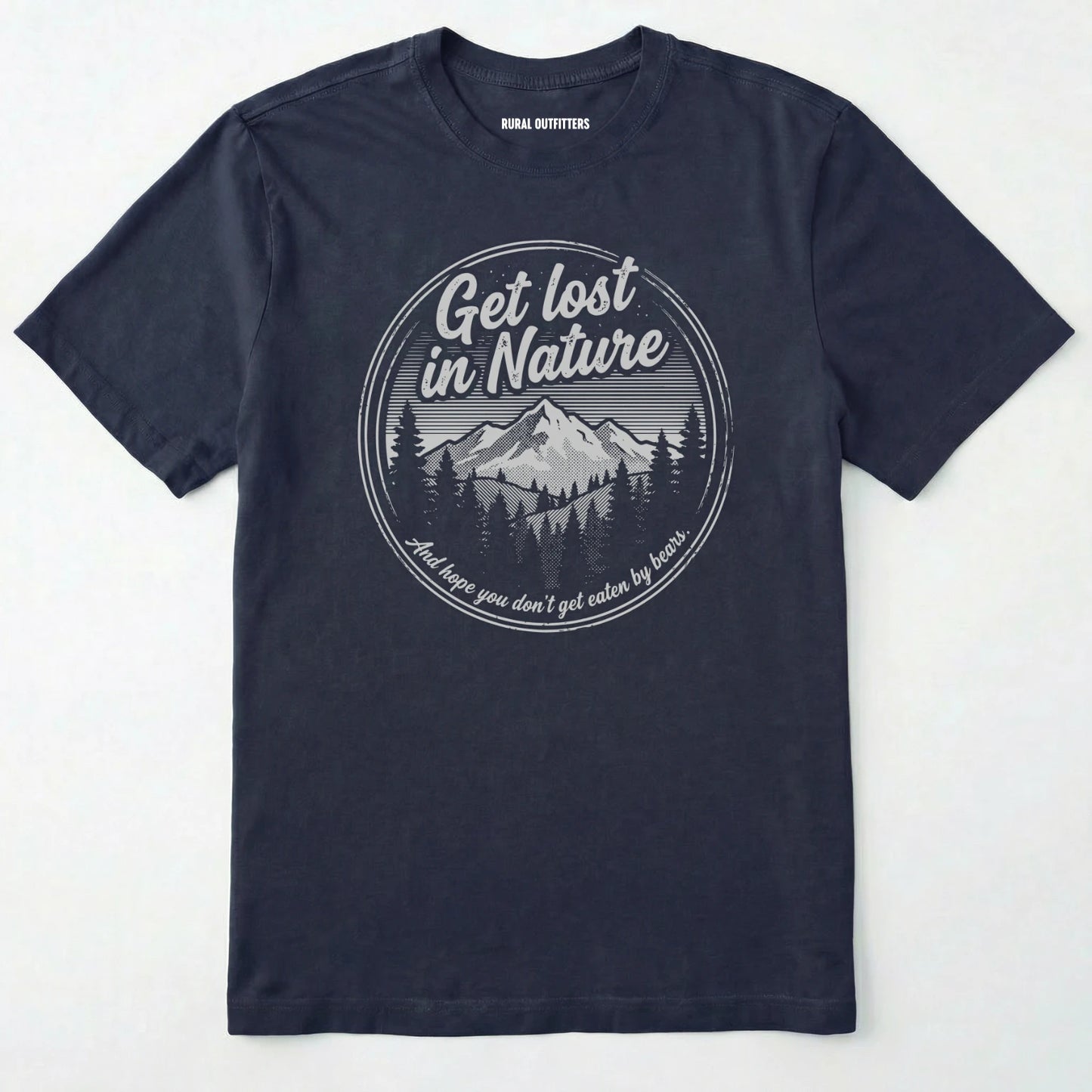 Navy t-shirt with nature-themed graphic and text on a white background