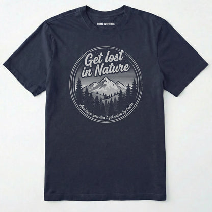 Navy t-shirt with nature-themed graphic and text on a white background