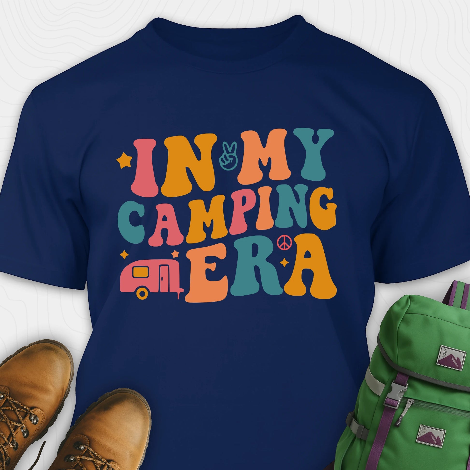 Navy cute camping shirt with colorful retro “in my camping era” graphic