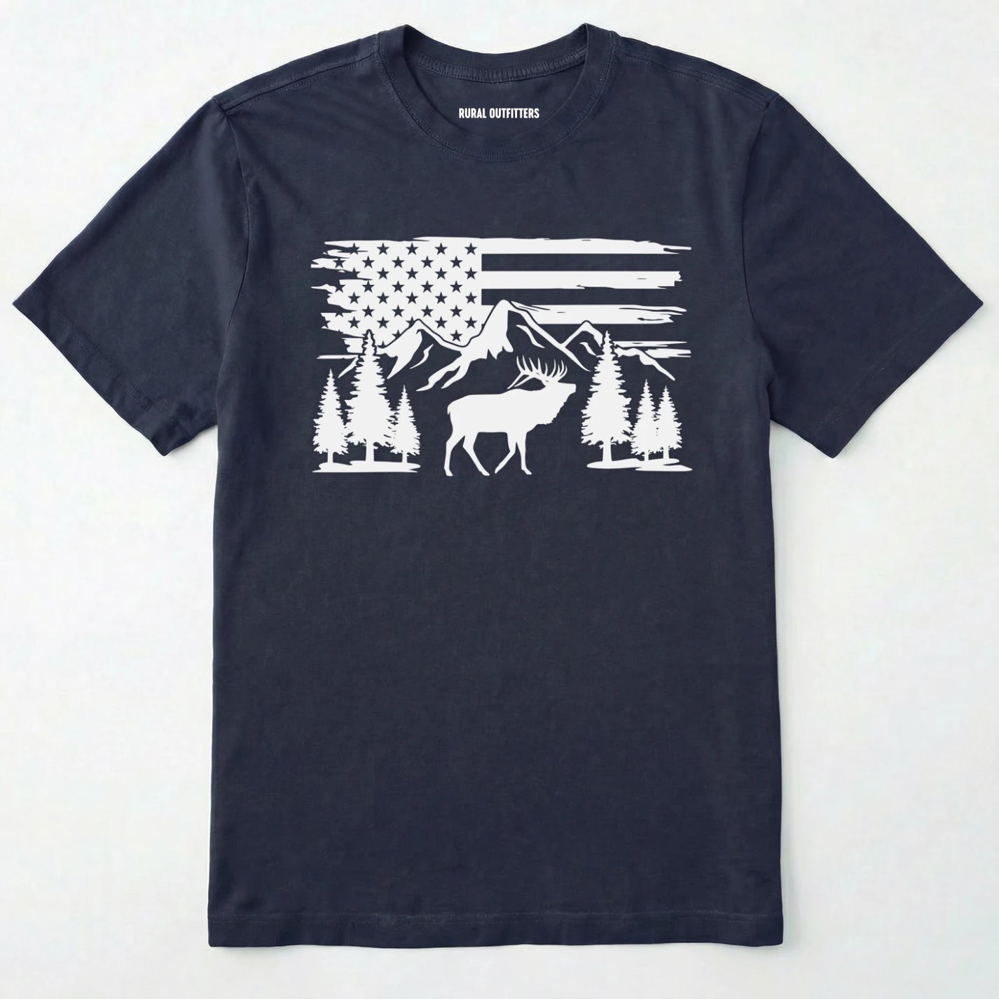 Navy deer t-shirt with black graphic design of an american flag, trees, and a elk graphic.