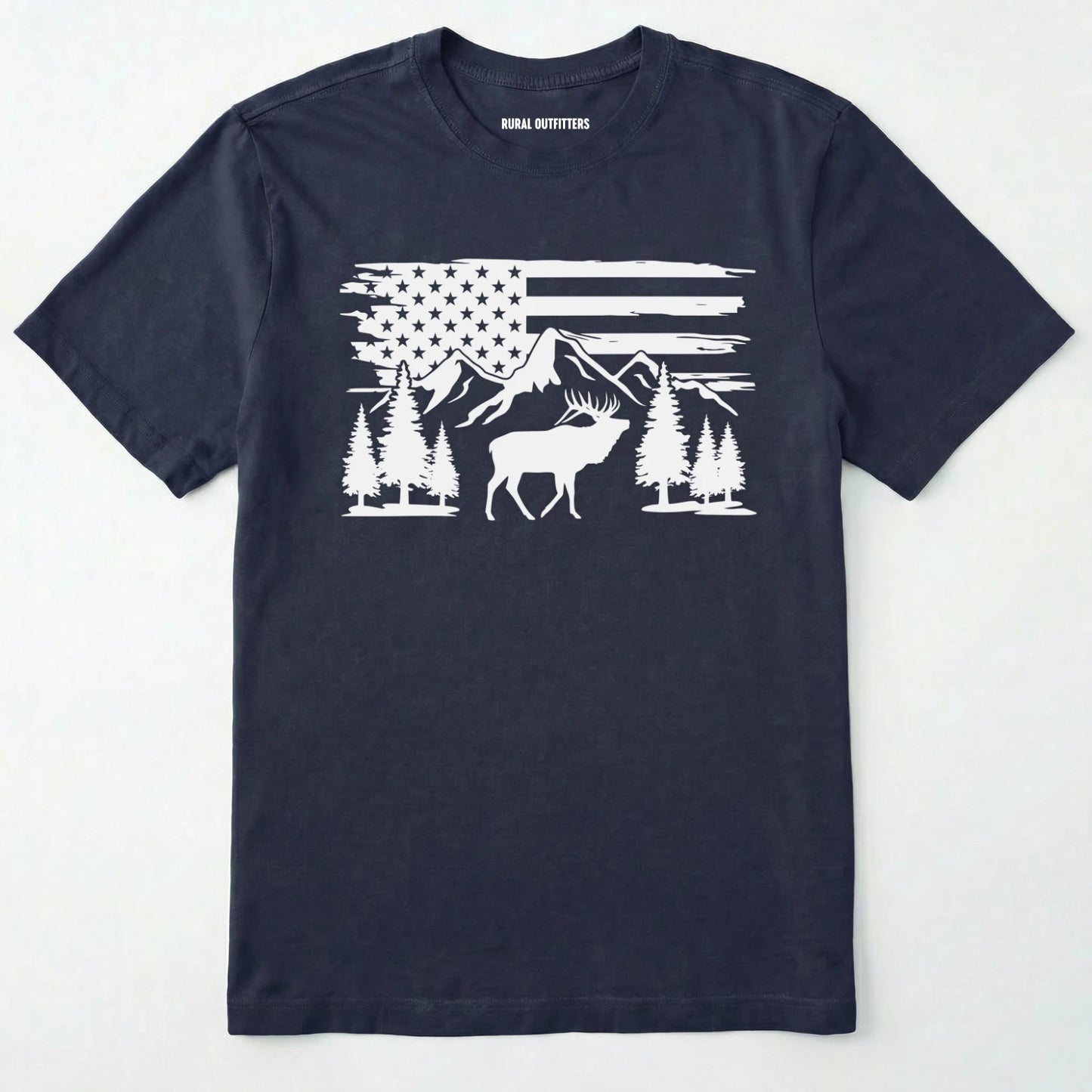 Navy deer t-shirt with black graphic design of an american flag, trees, and a elk graphic.