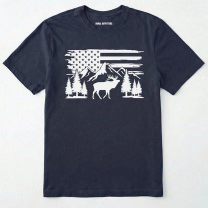 Navy deer t-shirt with black graphic design of an american flag, trees, and a elk graphic.