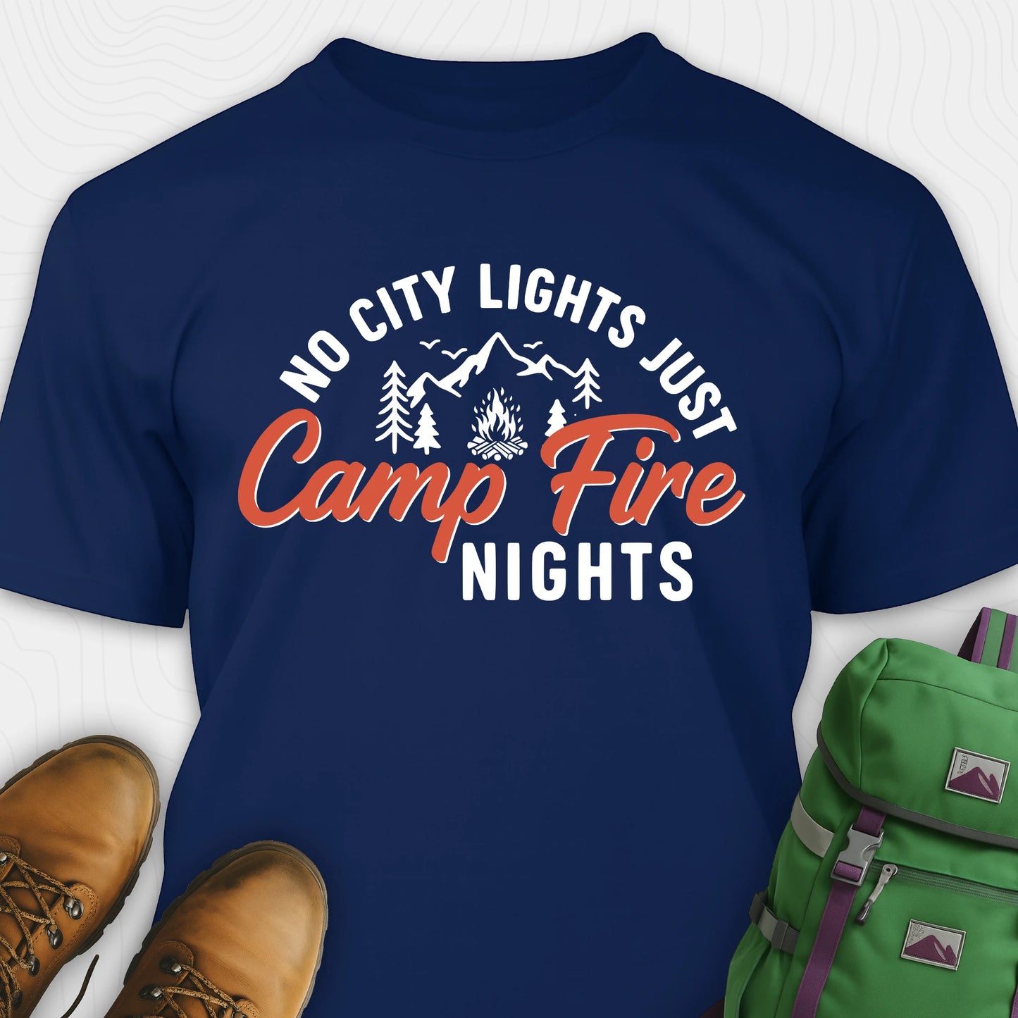 Navy campfire shirt with mountains and trees design and "No city lights just campfire nights" text