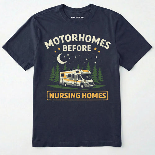 Navy blue t-shirt with graphic design of a motorhome and text 'Motorhomes Before Nursing Homes' on a white background.