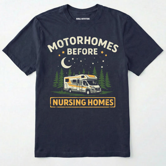 Navy blue t-shirt with graphic design of a motorhome and text 'Motorhomes Before Nursing Homes' on a white background.