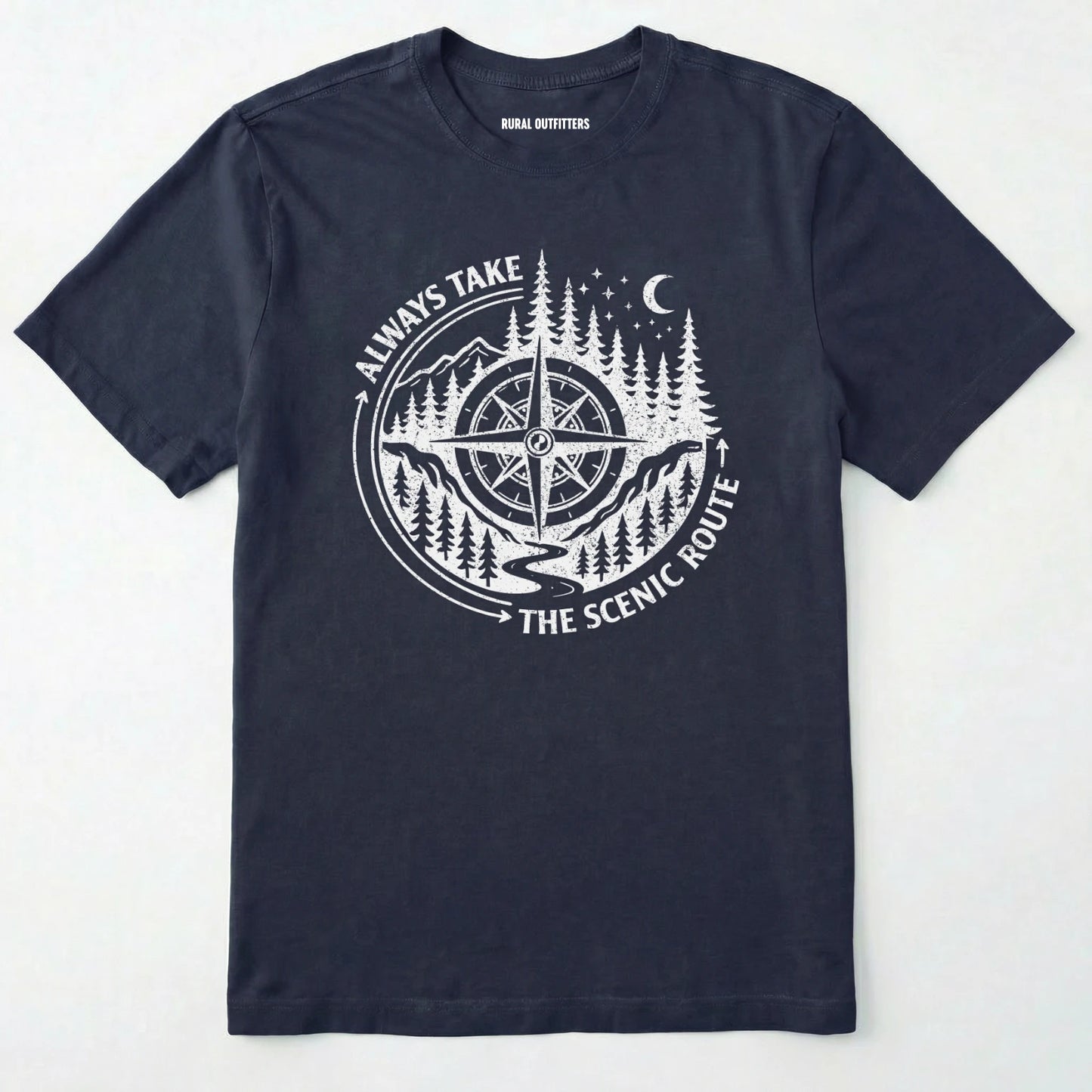 Navy always take the scenic route t-shirt with compass graphic and text on a white background.
