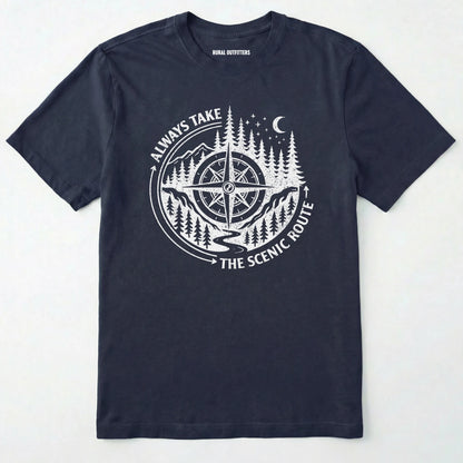 Navy always take the scenic route t-shirt with compass graphic and text on a white background.