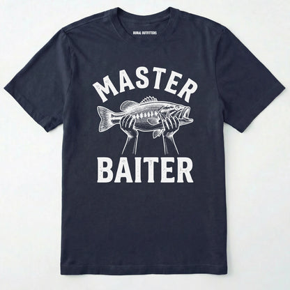 Navy t-shirt with 'master baiter' graphic and fish illustration on a white background