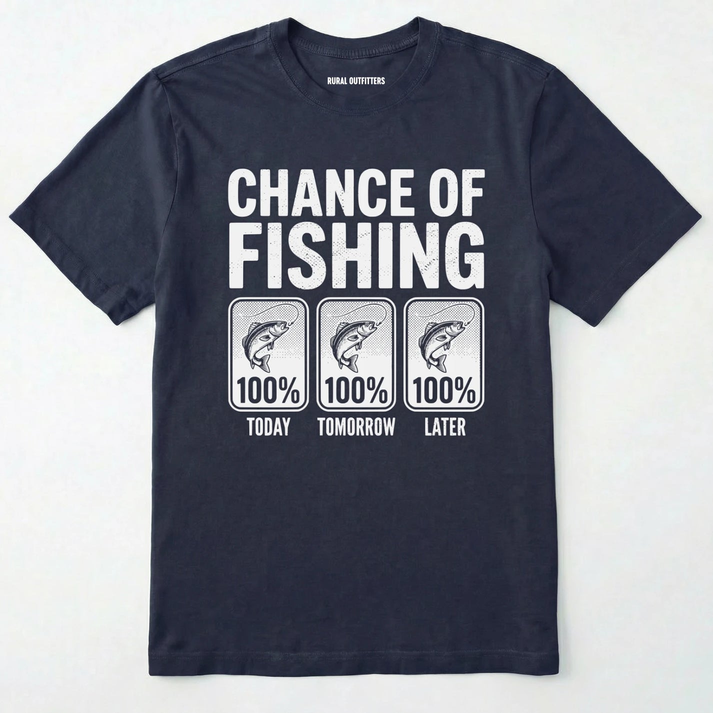 Navy t-shirt with 'chance of fishing' graphic on a white background