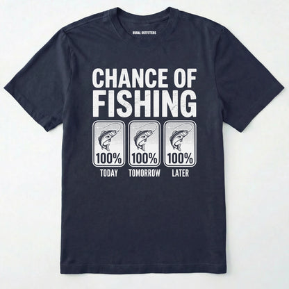 Navy t-shirt with 'chance of fishing' graphic on a white background