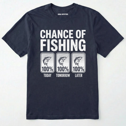 Navy t-shirt with 'chance of fishing' graphic on a white background