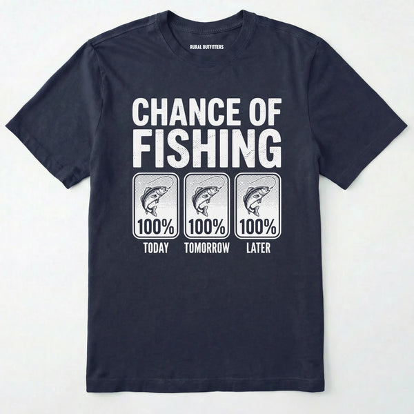 Navy t-shirt with 'chance of fishing' graphic on a white background