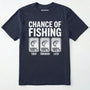 Navy t-shirt with 'chance of fishing' graphic on a white background