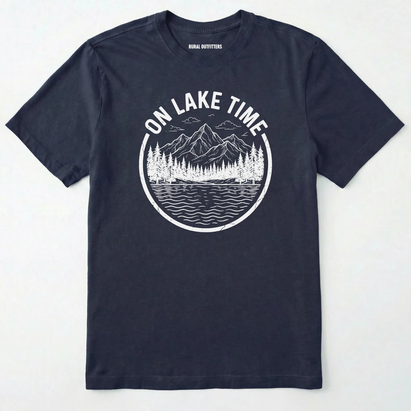 Navy t-shirt with 'on lake time' graphic design on a white background