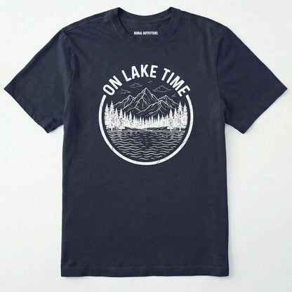 Navy t-shirt with 'on lake time' graphic design on a white background