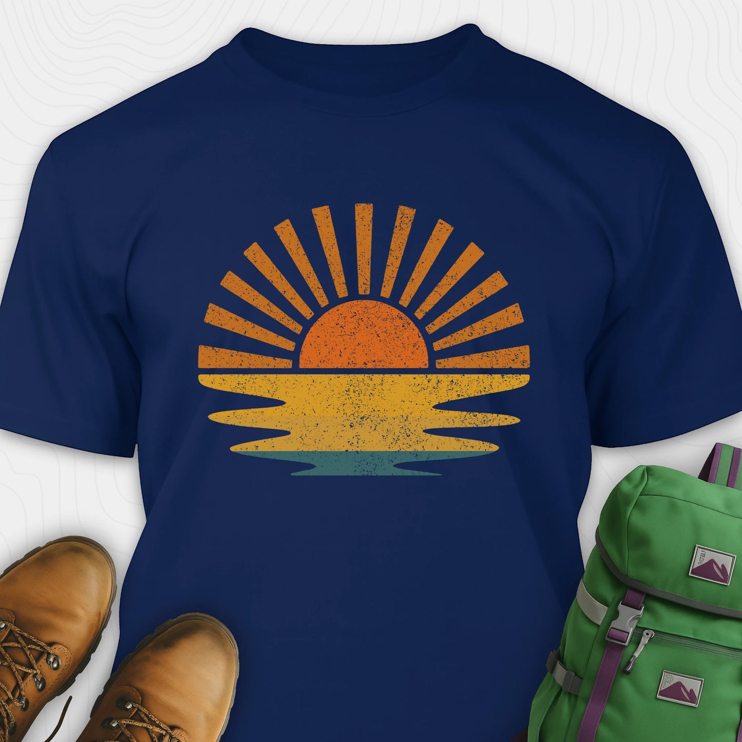 Navy sunset shirt with retro distressed sunrise graphic