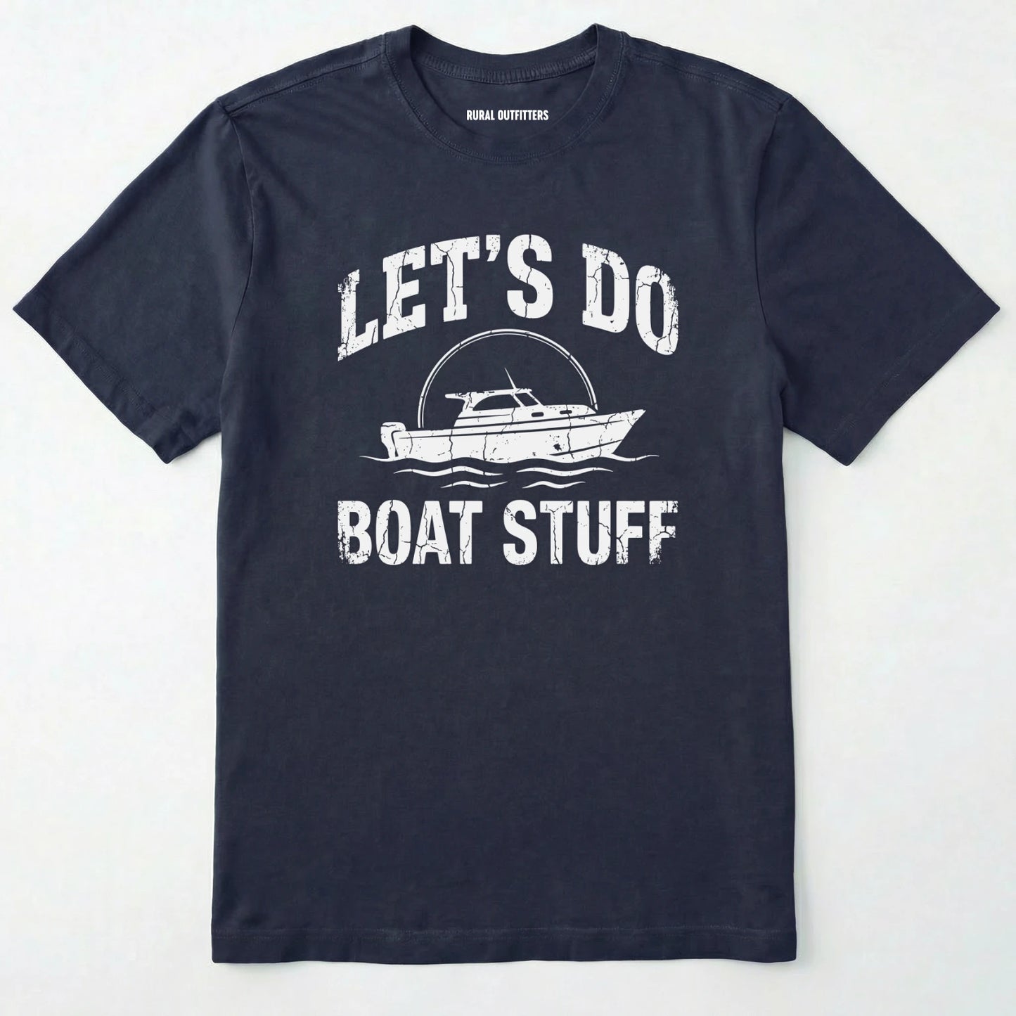 Navy boat shirt with 'let's do boat stuff' text on a white background.