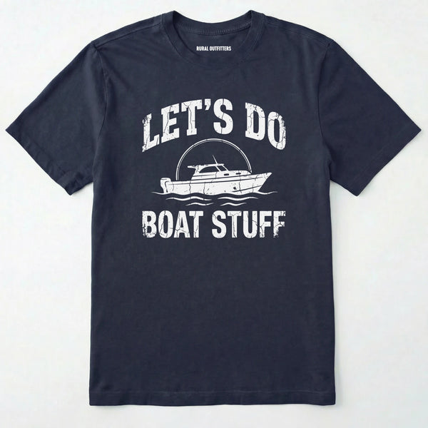 Navy boat shirt with 'let's do boat stuff' text on a white background.
