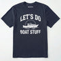 Navy boat shirt with 'let's do boat stuff' text on a white background.