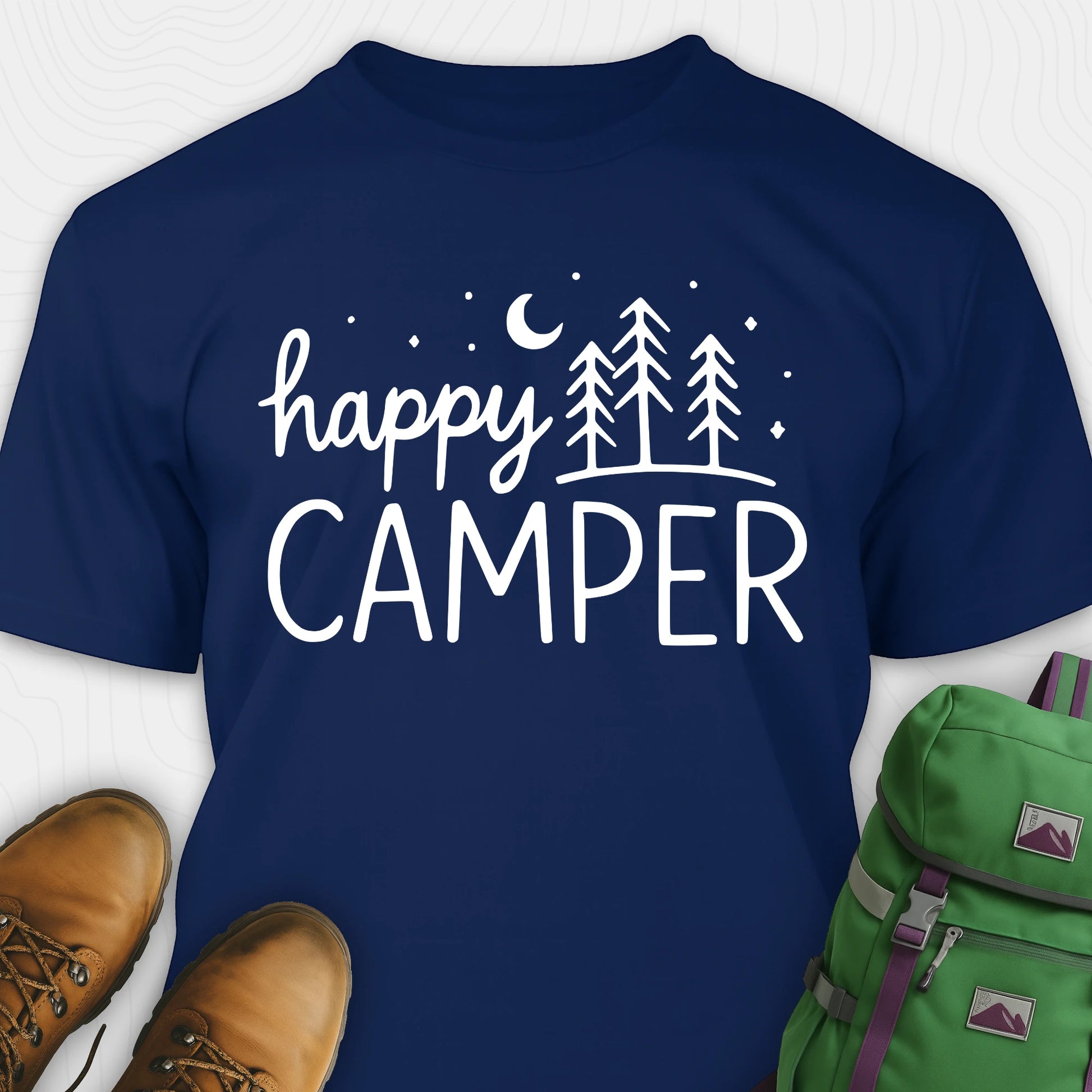 Navy women’s happy camper shirt with trees and moon graphic