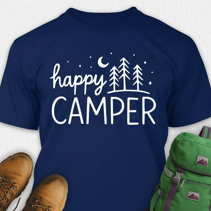 Navy women’s happy camper shirt with trees and moon graphic