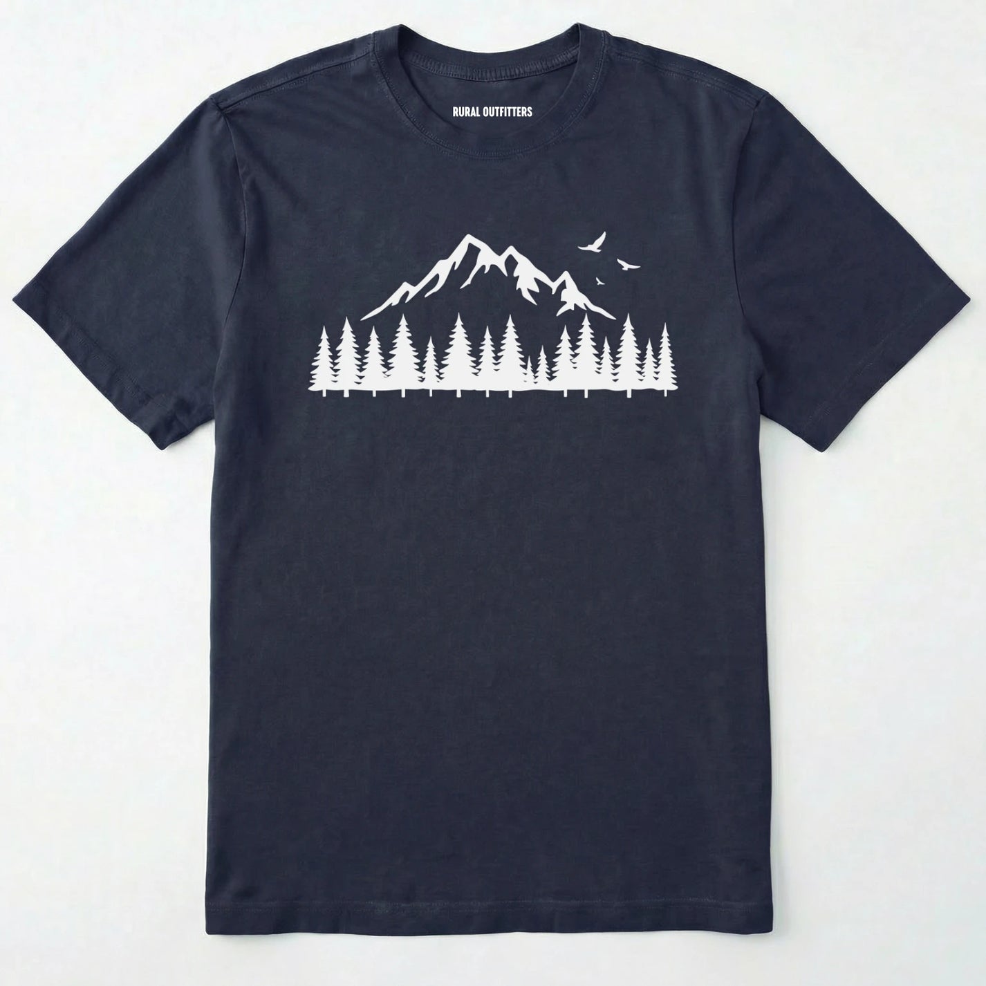 Navy wild t-shirt with a minimalist mountain and pine tree graphic on a white background.