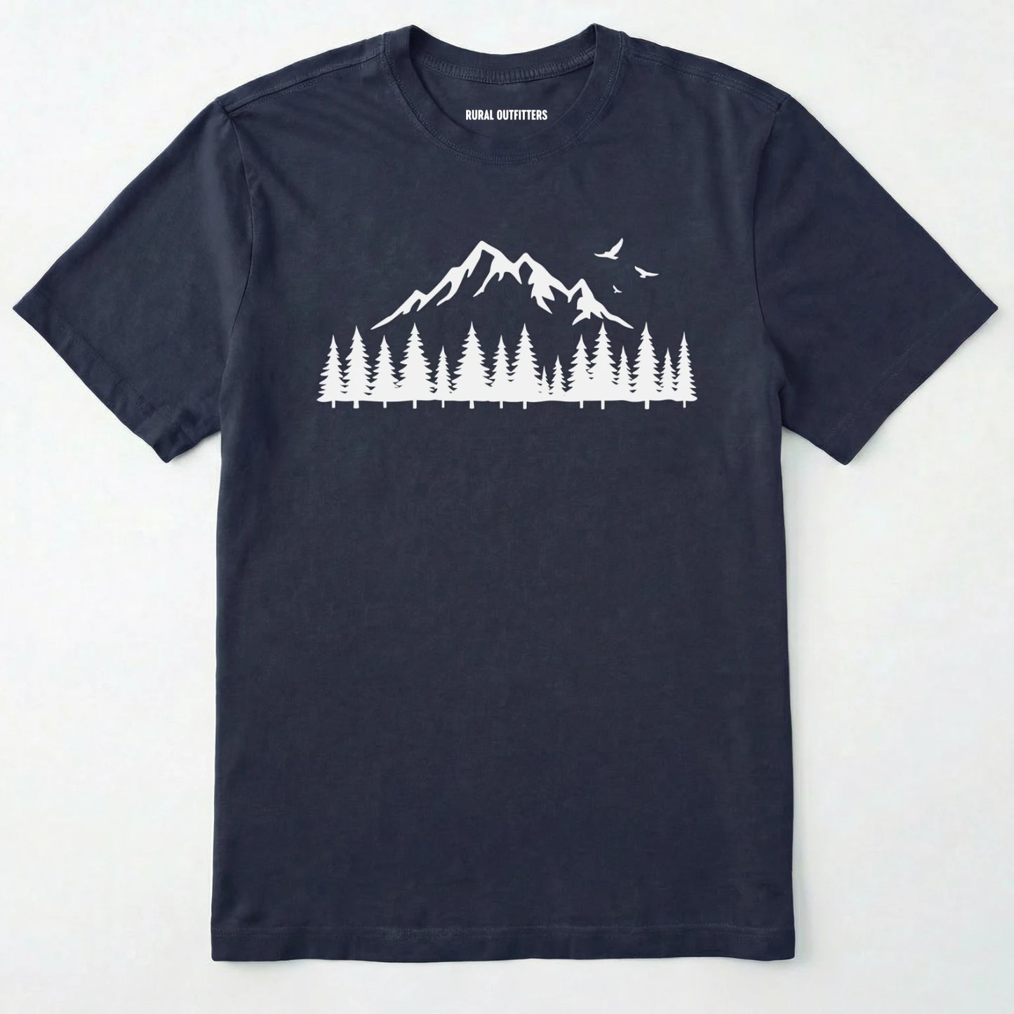 Navy wild t-shirt with a minimalist mountain and pine tree graphic on a white background.