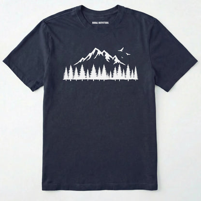 Navy wild t-shirt with a minimalist mountain and pine tree graphic on a white background.