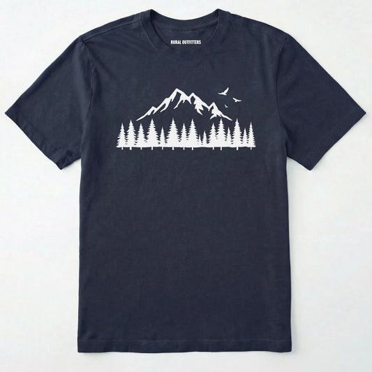 Navy wild t-shirt with a minimalist mountain and pine tree graphic on a white background.