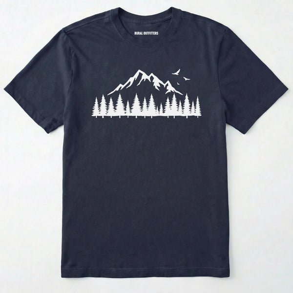 Navy wild t-shirt with a minimalist mountain and pine tree graphic on a white background.