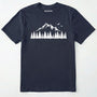 Navy wild t-shirt with a minimalist mountain and pine tree graphic on a white background.