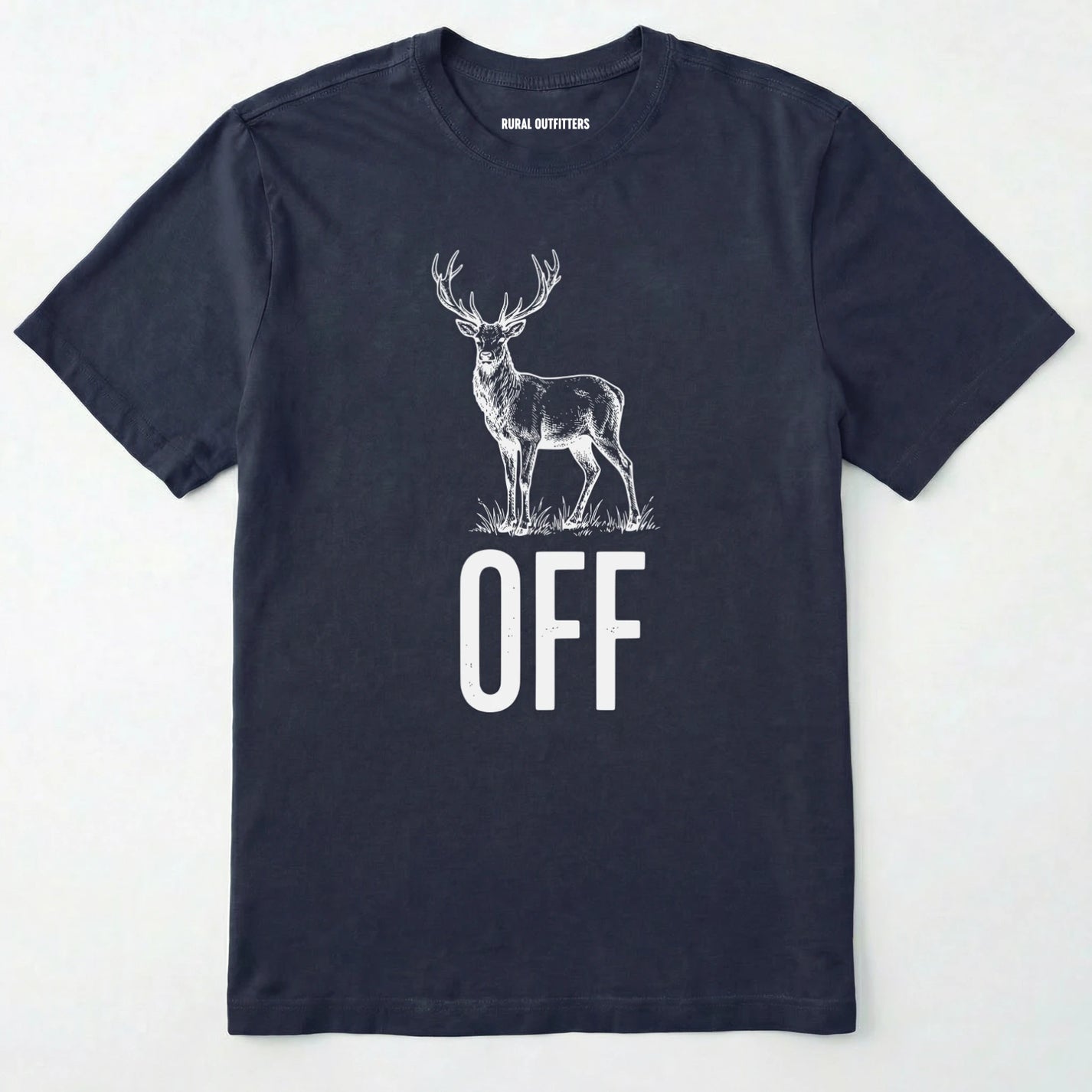 Navy t-shirt with white deer graphic and 'off' text on a light grey background