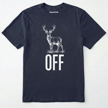 Navy t-shirt with white deer graphic and 'off' text on a light grey background