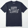 Navy happy glamper shirt with 'happy glamper' text and arrow design on a white background