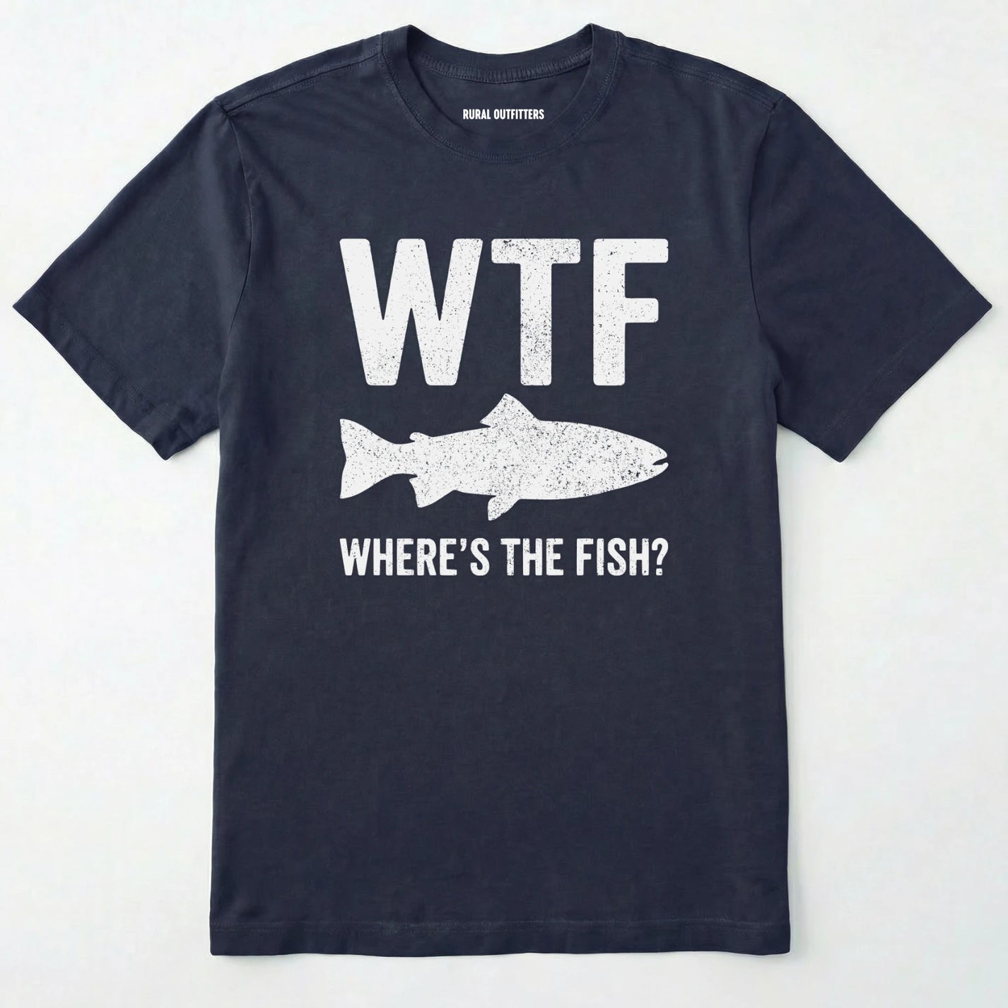 Black t-shirt with white text and fish graphic on a white background