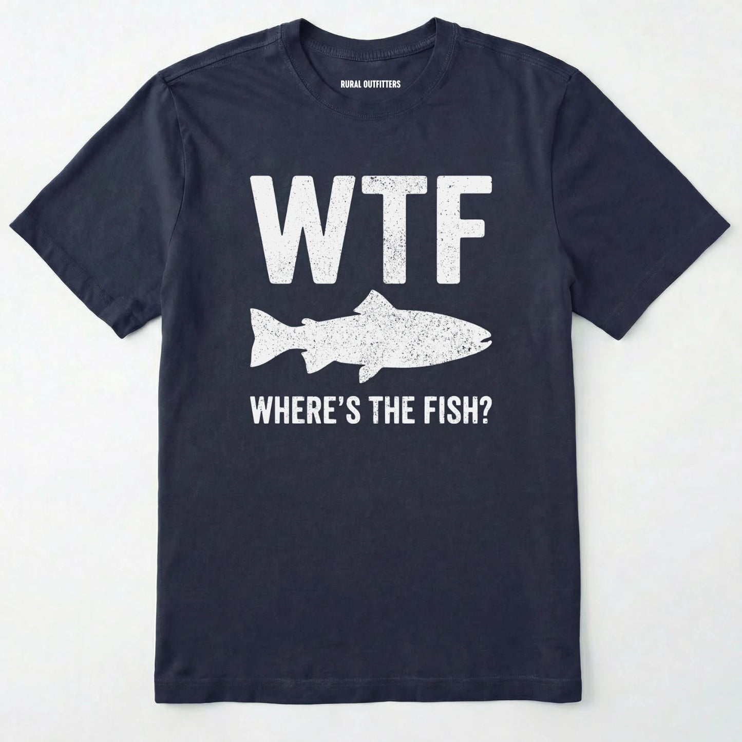 Black t-shirt with white text and fish graphic on a white background