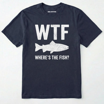Black t-shirt with white text and fish graphic on a white background
